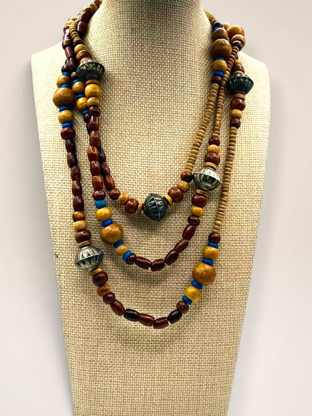 Vintage Boho Wooden Bead & Turquoise Single Strand Statement Necklace